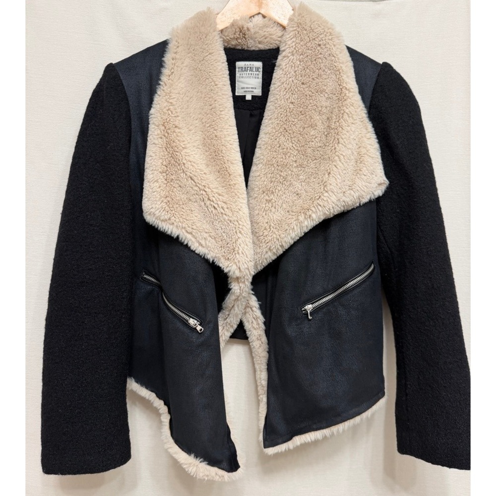 Zara Womens Jacket Faux Fur Shearling Trim Black Moto Outerwear Trafaluc Small